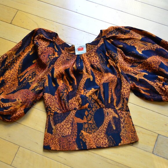 Farm Rio Black Giraffes Puff Sleeve Blouse Size XS - Picture 2 of 14